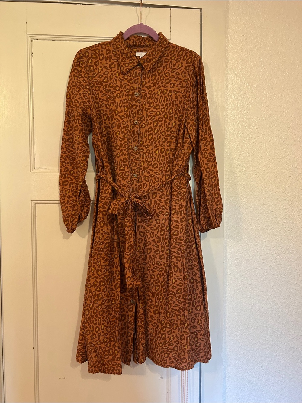 Nine West Rust Leopard-Print Long Sleeve Shirt Dress